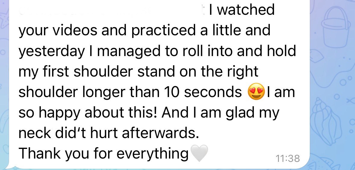 Student review: I held my first shoulder stand longer than 10 seconds, and my neck didn't hurt afterwards.
